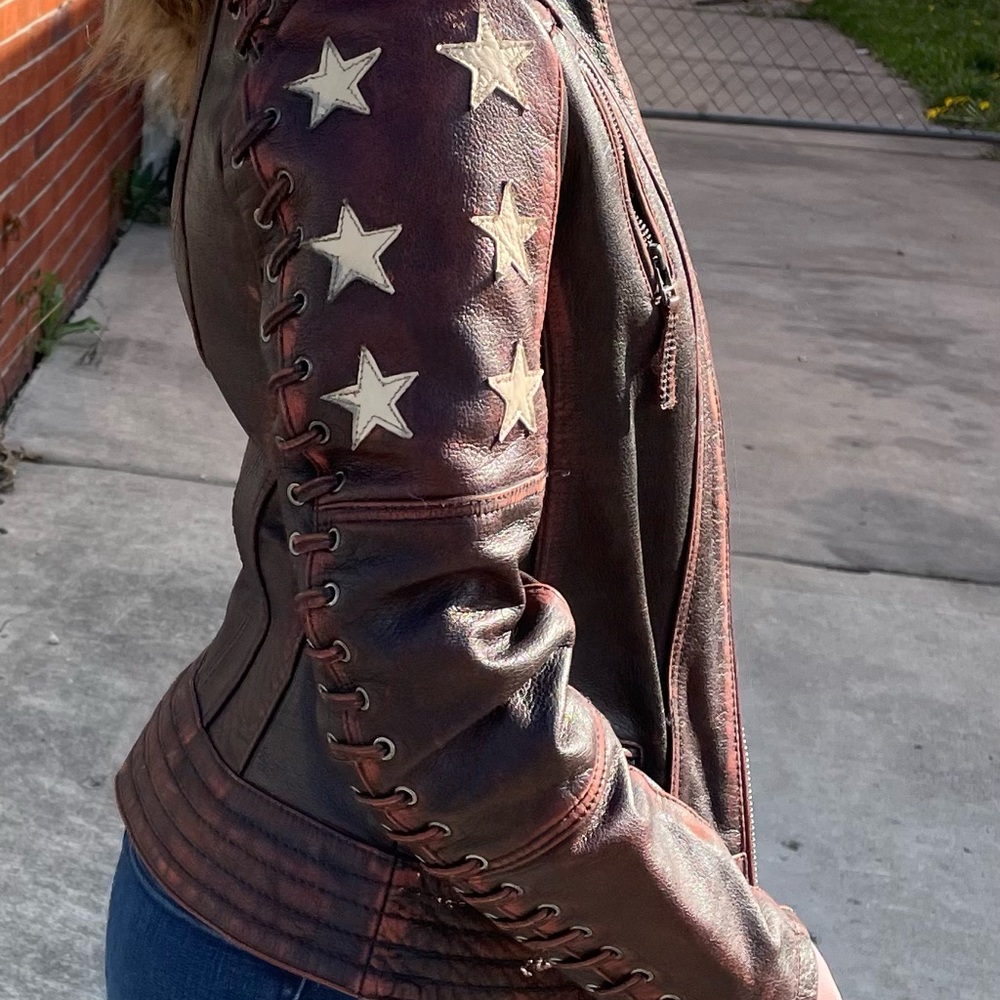 Wilson’s leather brown with Stars and Stripes red accent moto vintage jacket